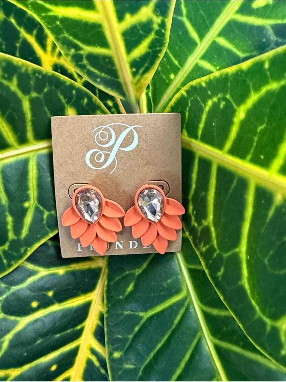 Plunder Orange Petal Teardrop Stud Earrings with Clear Crystal
